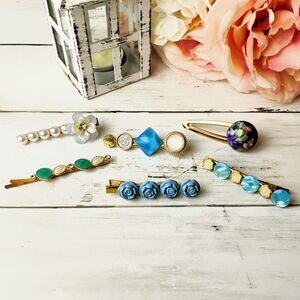 (6) New Hair Clips/Barrettes Gold Tone w/Faux Pearls Blue & White Flowers